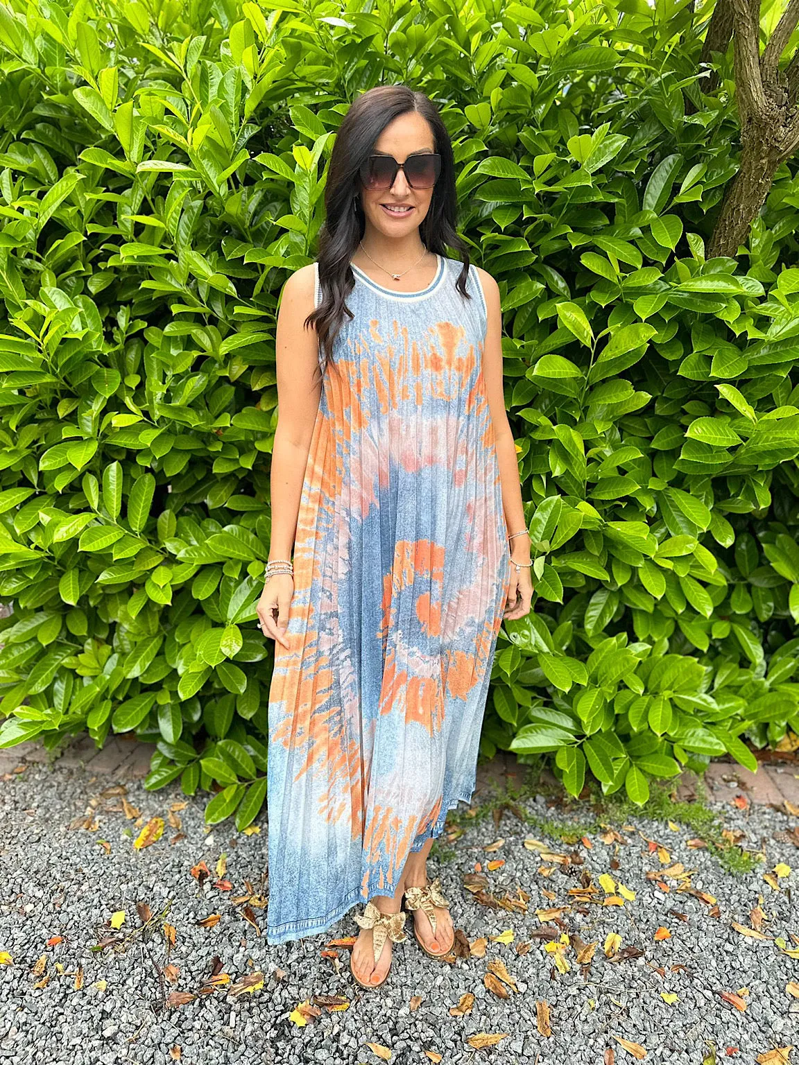 Orange Tie Dye Pleated Dress Fiona