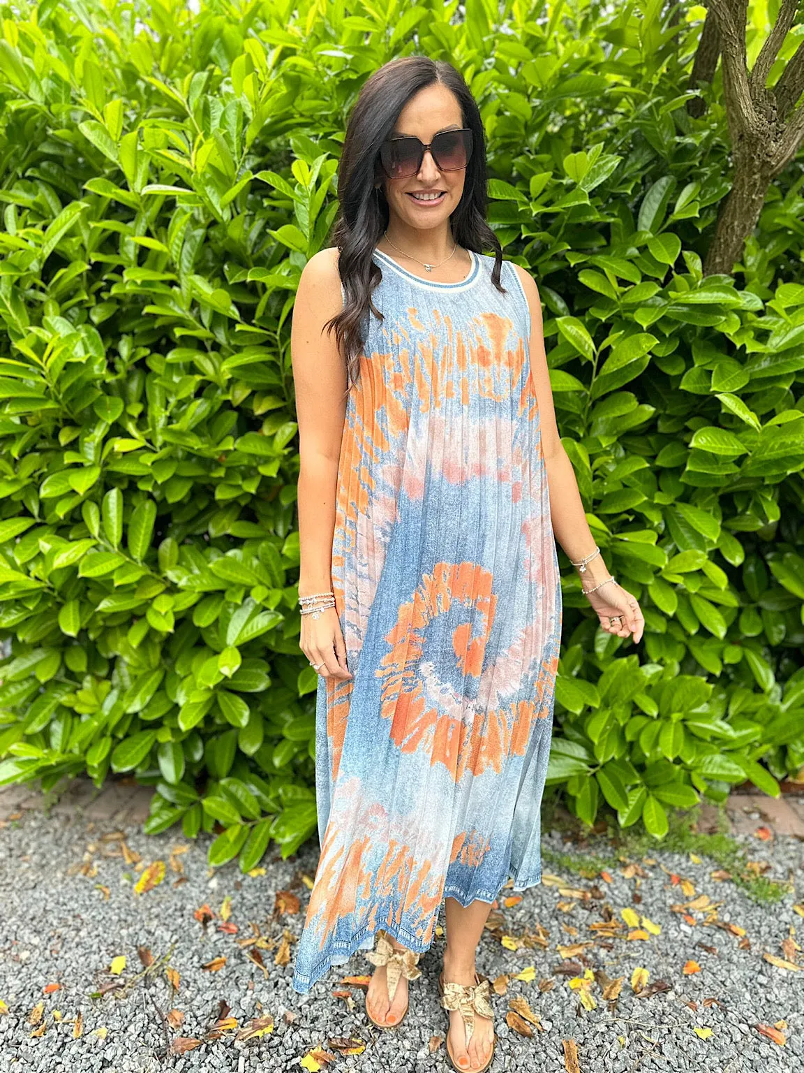 Orange Tie Dye Pleated Dress Fiona