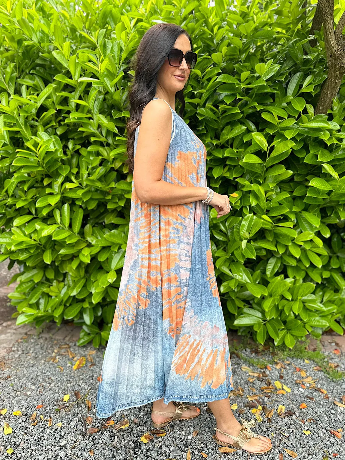 Orange Tie Dye Pleated Dress Fiona