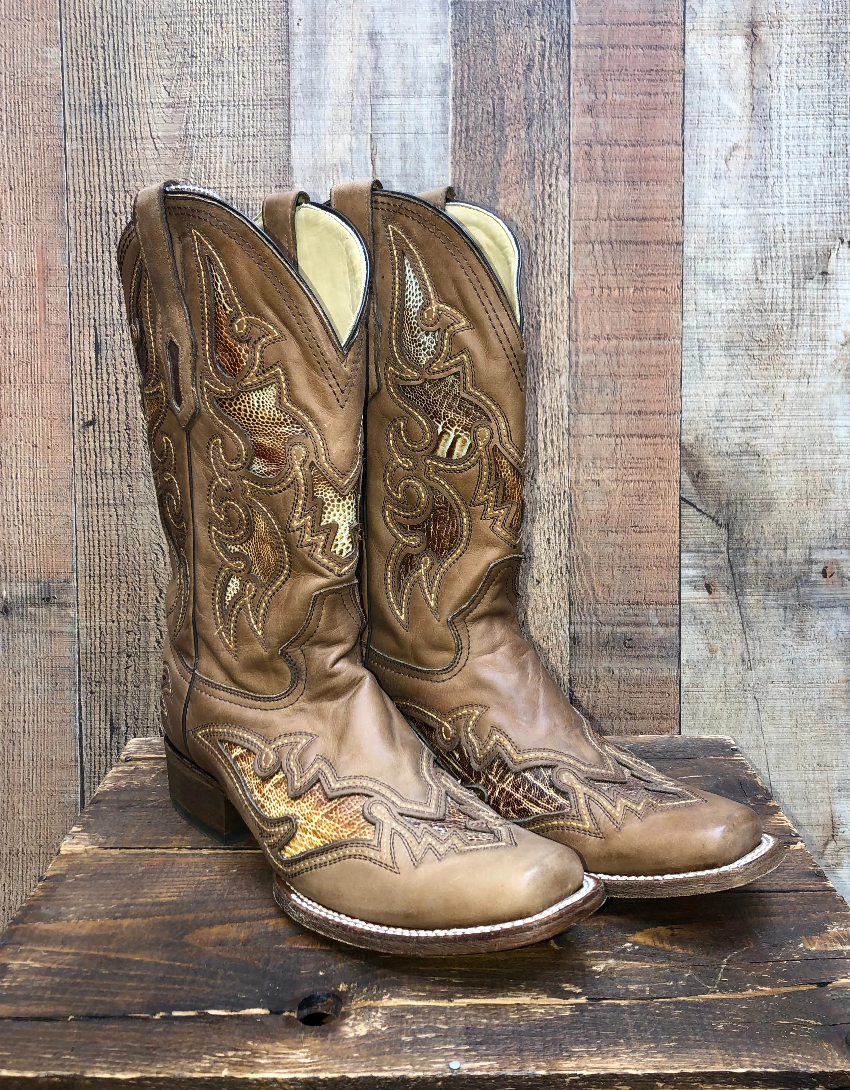 Ostrich Inlay Western Boots - Brown/Cream