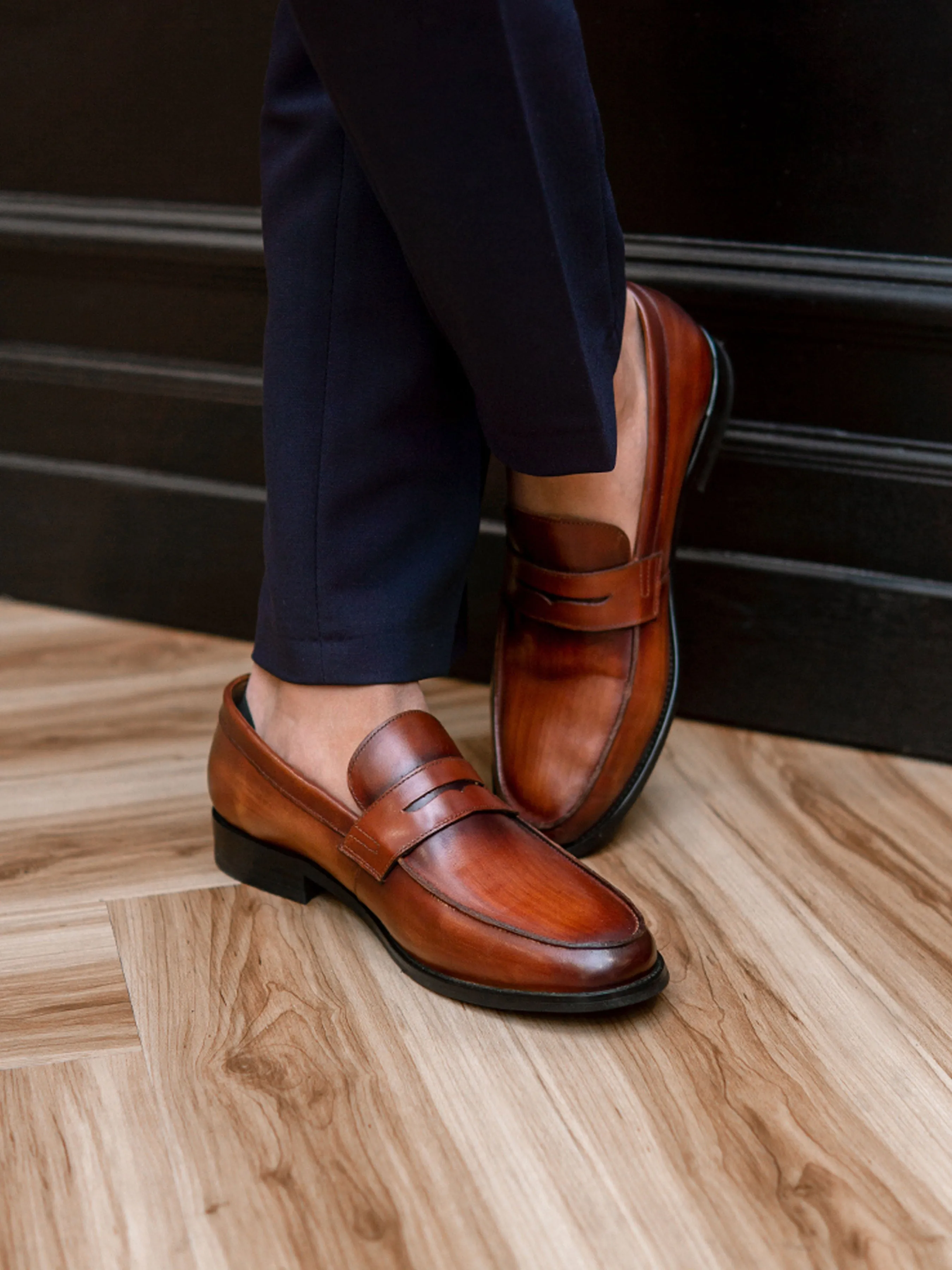 Penny Loafer Cognac Tan Hand Painted Patina