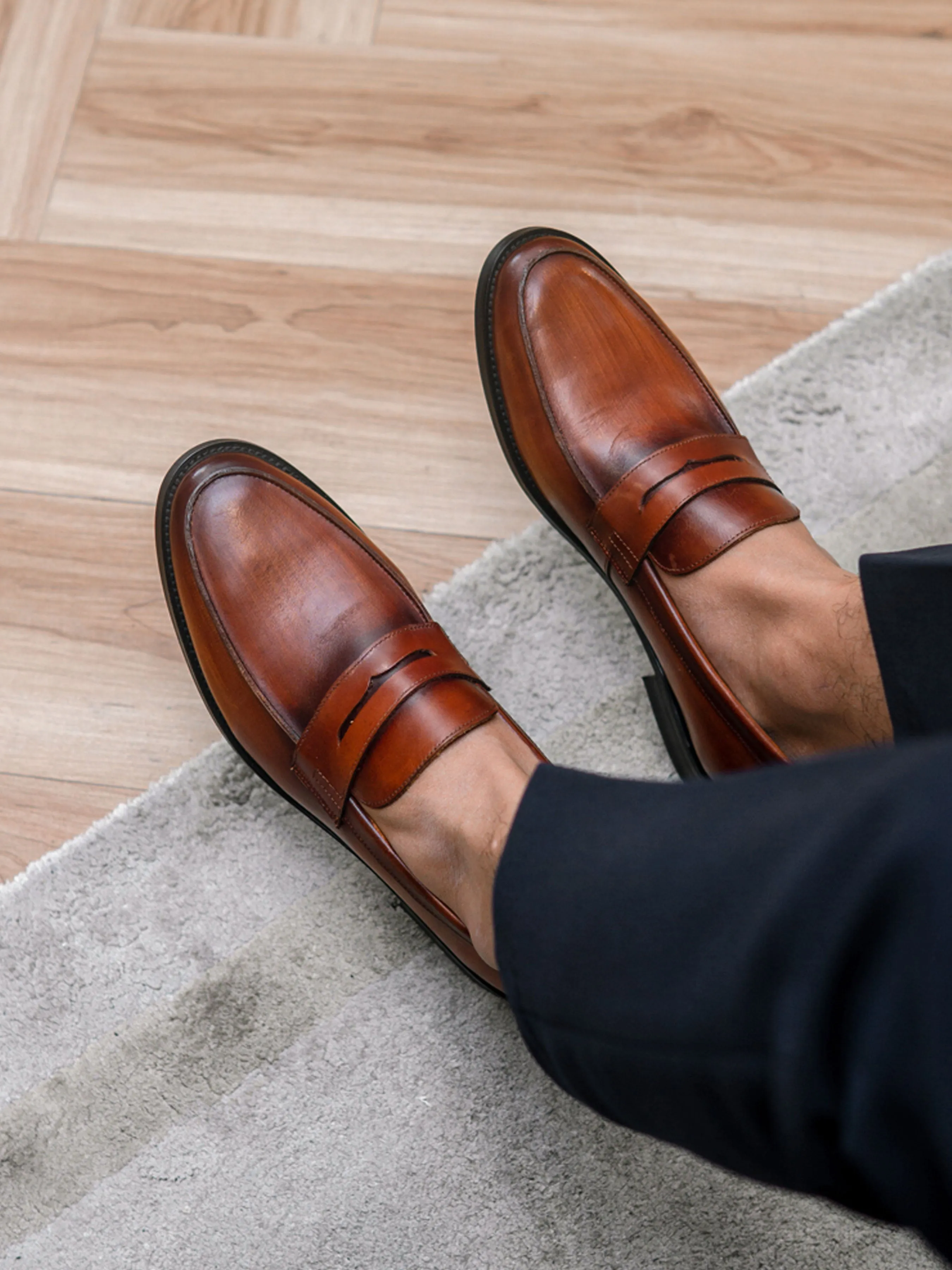 Penny Loafer Cognac Tan Hand Painted Patina