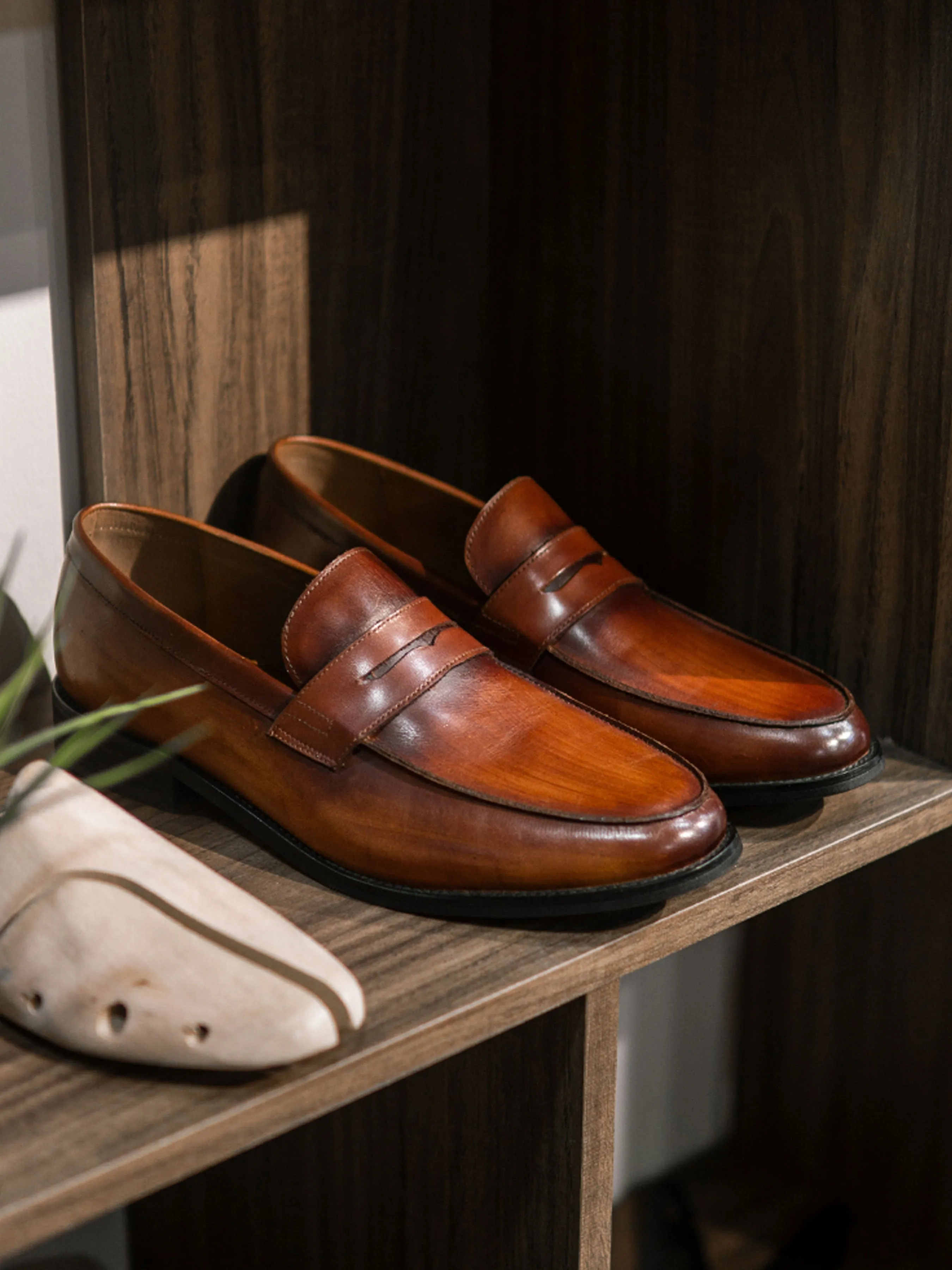 Penny Loafer Cognac Tan Hand Painted Patina