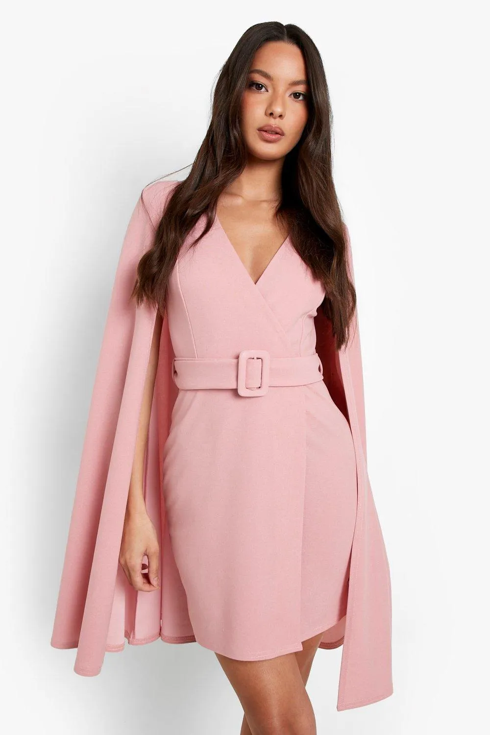 Plunge Cape Detail Belted Blazer Dress