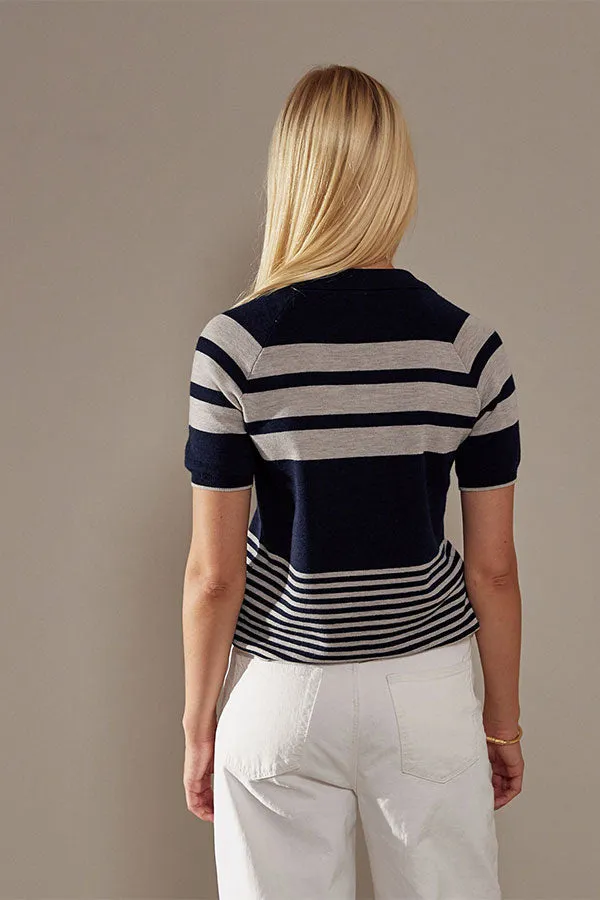 Rodier DARK BLUE STRIPED MERINO WOOL SHORT-SLEEVED POLO SWEATER