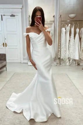 Satin off-shoulder sleeveless pleats trumpet wedding gown with train - QW8097.