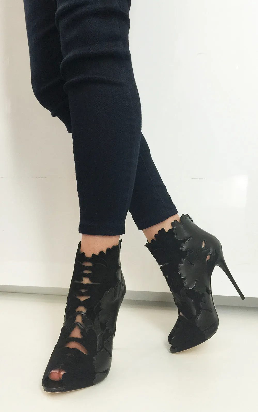 Suede & Leather Leaf Ankle Boots, Black