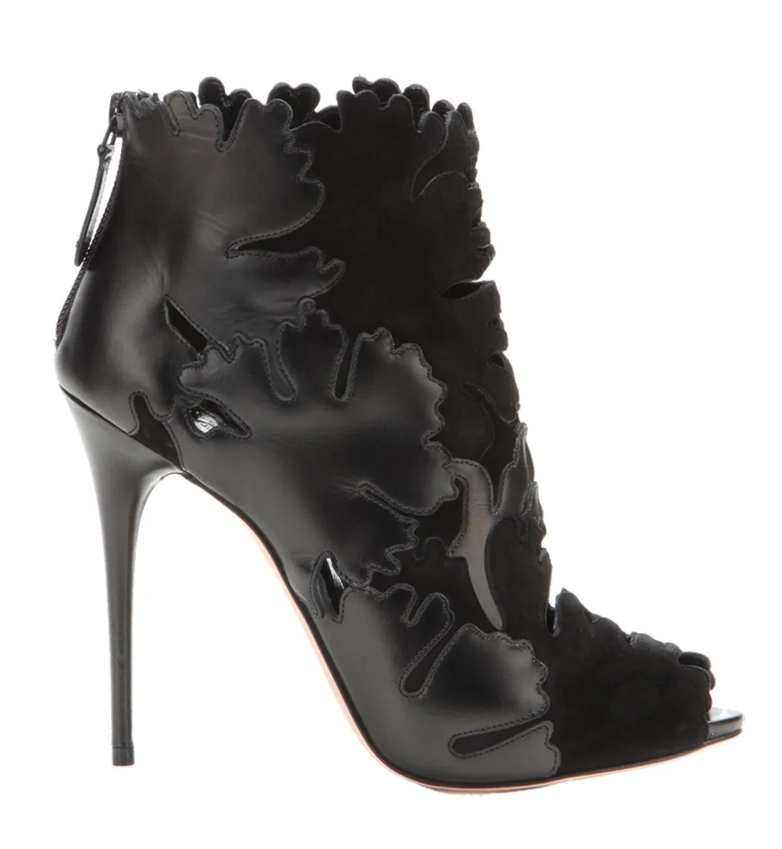 Suede & Leather Leaf Ankle Boots, Black