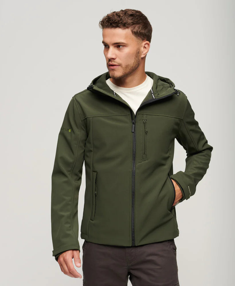 Superdry Fleece Lined Softshell Hooded Jacket - Dark Moss Green