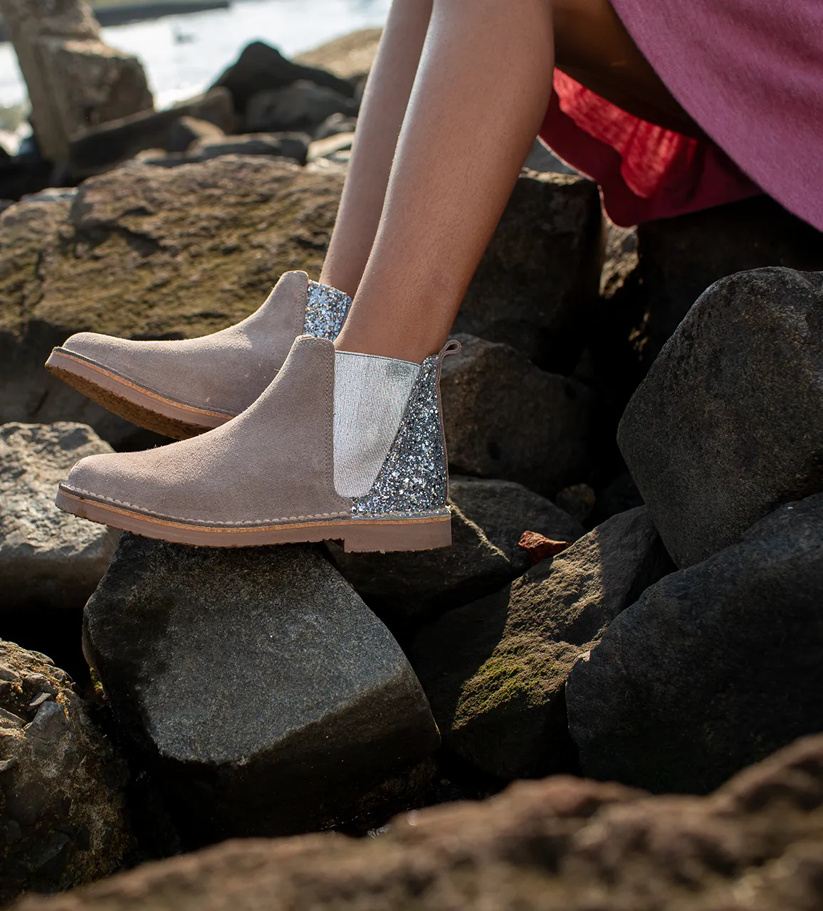 Taupe Glitter Suede Chelsea Boots