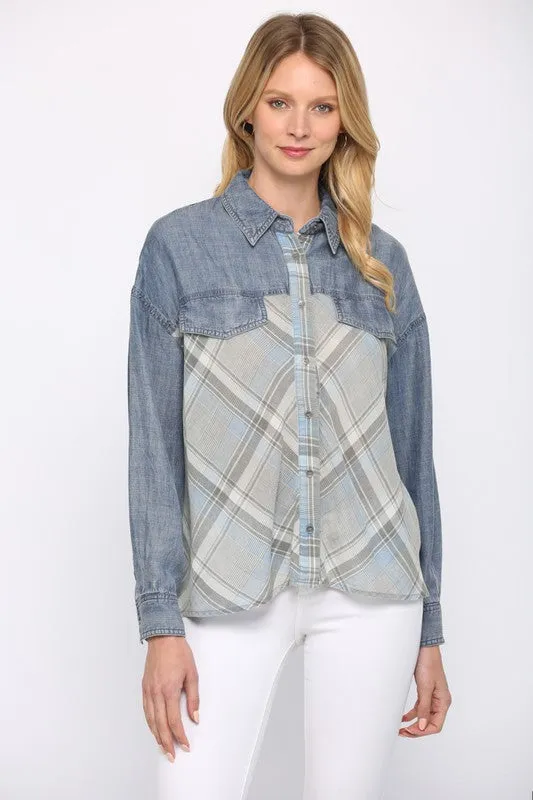 Tencel Plaid Shirt with Contrast Back Gathering