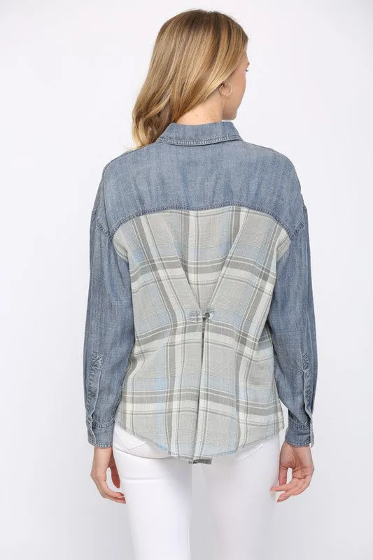 Tencel Plaid Shirt with Contrast Back Gathering