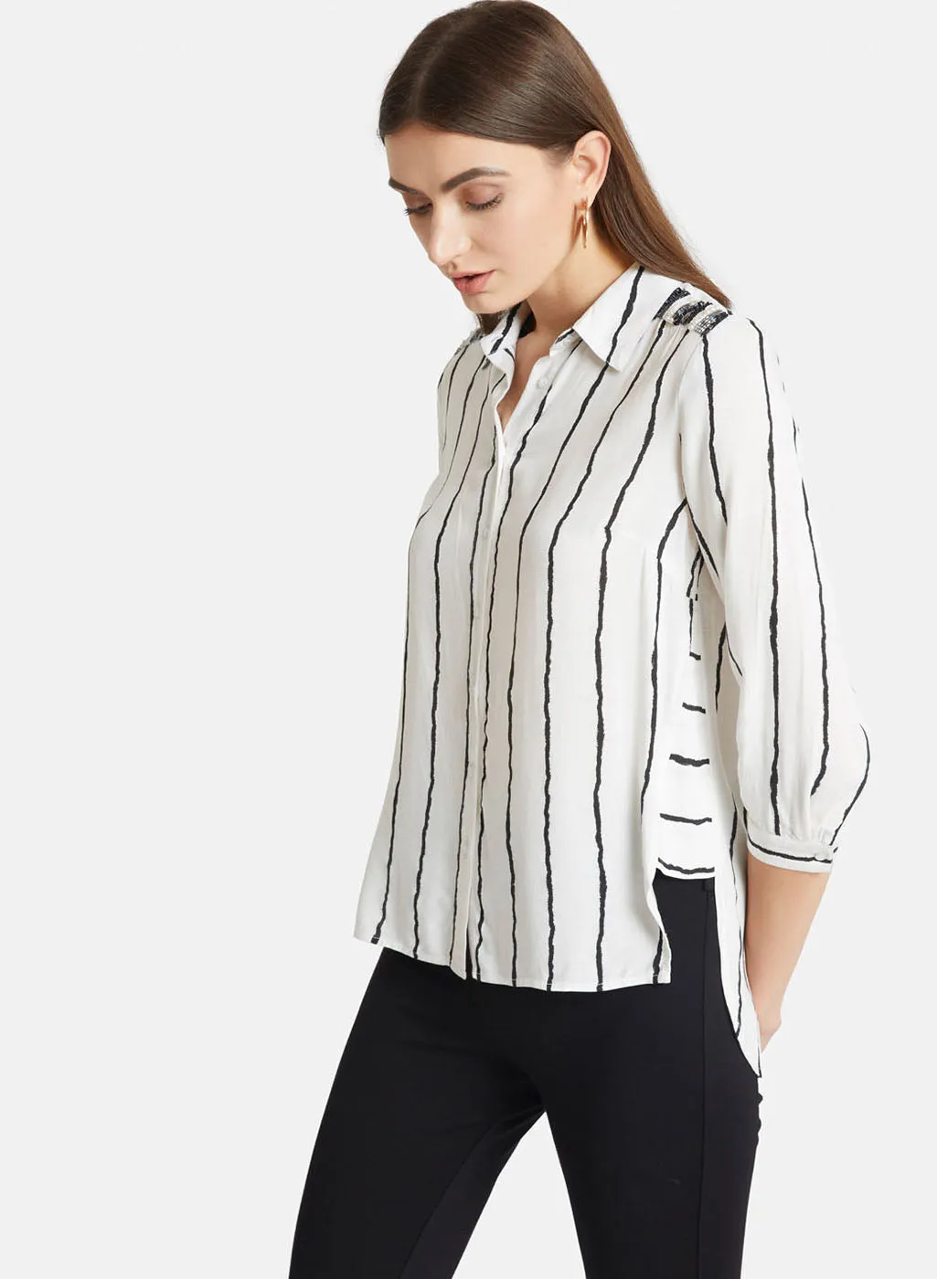 White Black Striped Embellished Shirt