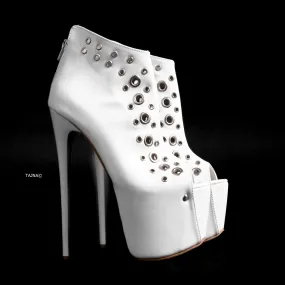 White Cut Out Studded Heeled Sandals