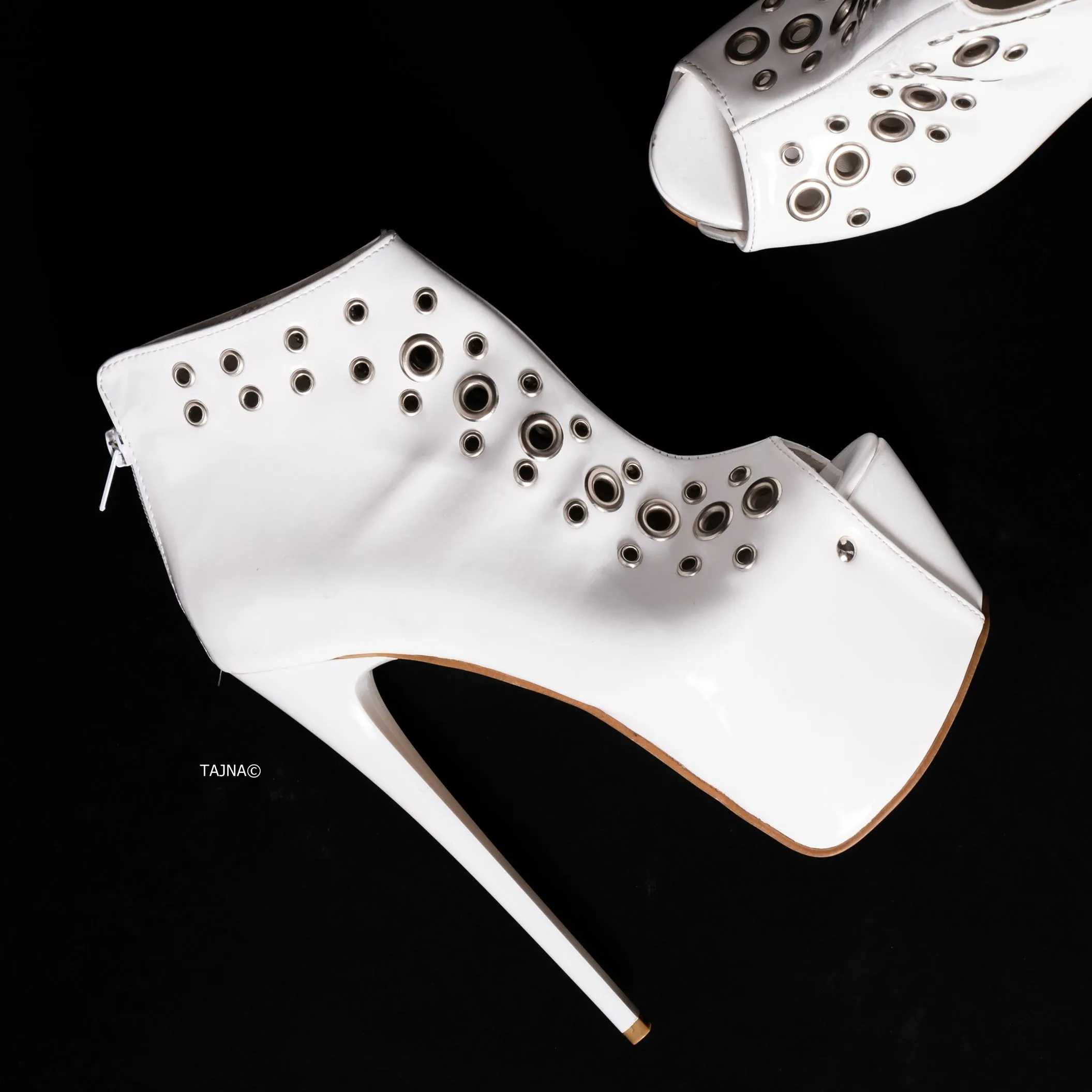 White Cut Out Studded Heeled Sandals