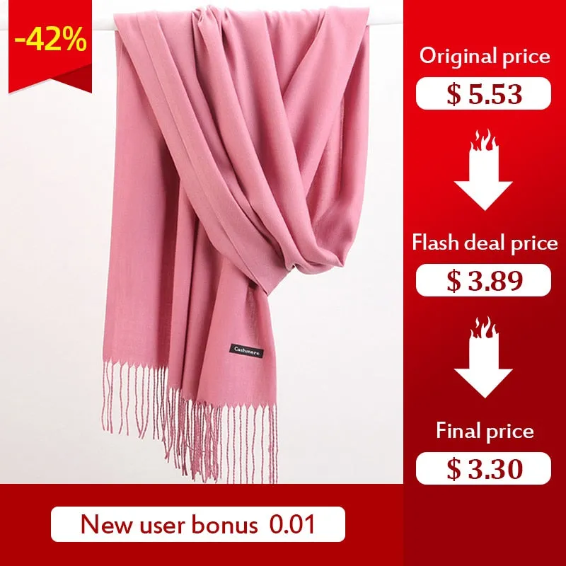 Women Cashmere Scarf Pashmina Shawl Solid Color with Tassels for Hijab