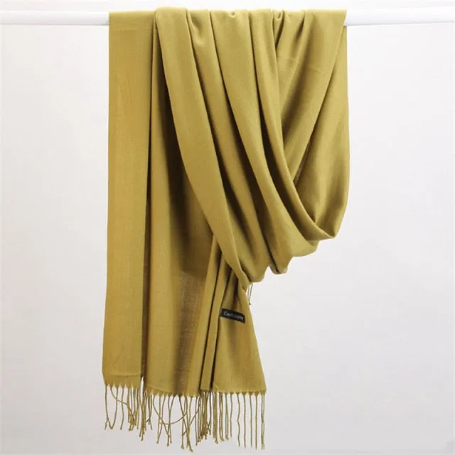 Women Cashmere Scarf Pashmina Shawl Solid Color with Tassels for Hijab