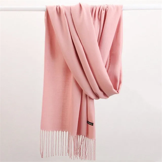 Women Cashmere Scarf Pashmina Shawl Solid Color with Tassels for Hijab