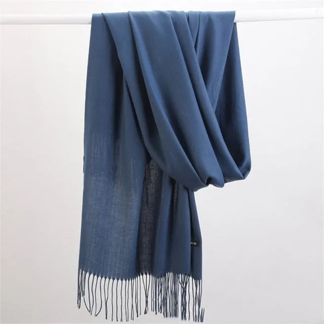 Women Cashmere Scarf Pashmina Shawl Solid Color with Tassels for Hijab