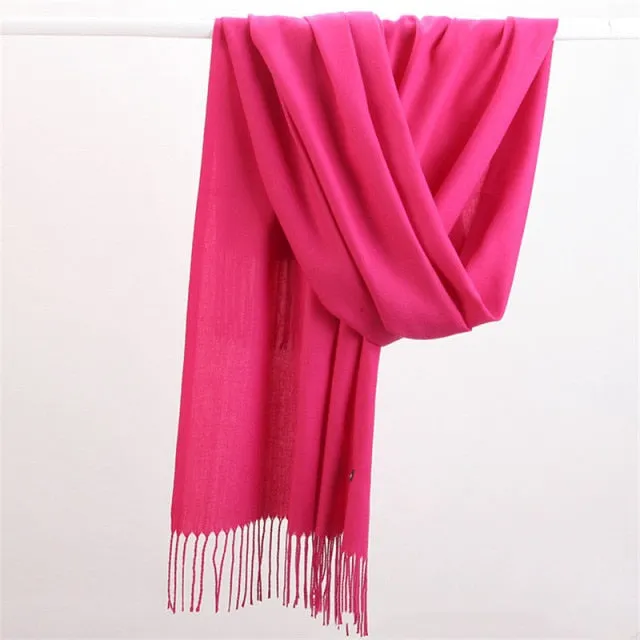 Women Cashmere Scarf Pashmina Shawl Solid Color with Tassels for Hijab