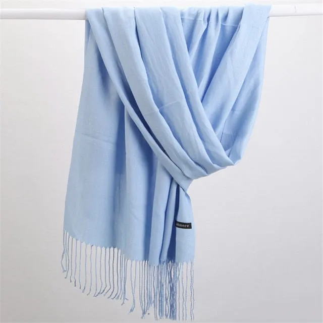 Women Cashmere Scarf Pashmina Shawl Solid Color with Tassels for Hijab