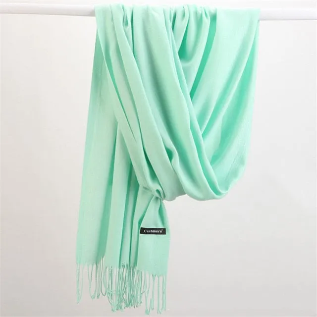 Women Cashmere Scarf Pashmina Shawl Solid Color with Tassels for Hijab