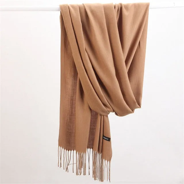 Women Cashmere Scarf Pashmina Shawl Solid Color with Tassels for Hijab