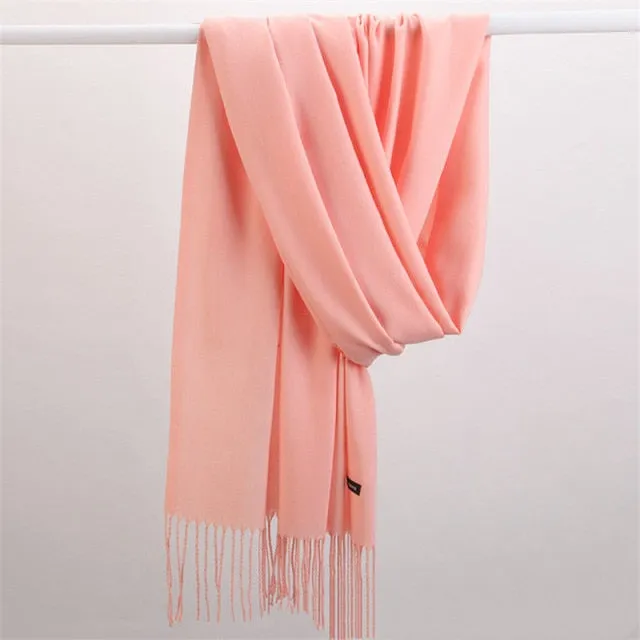 Women Cashmere Scarf Pashmina Shawl Solid Color with Tassels for Hijab