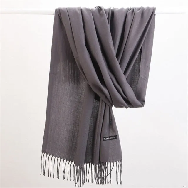 Women Cashmere Scarf Pashmina Shawl Solid Color with Tassels for Hijab