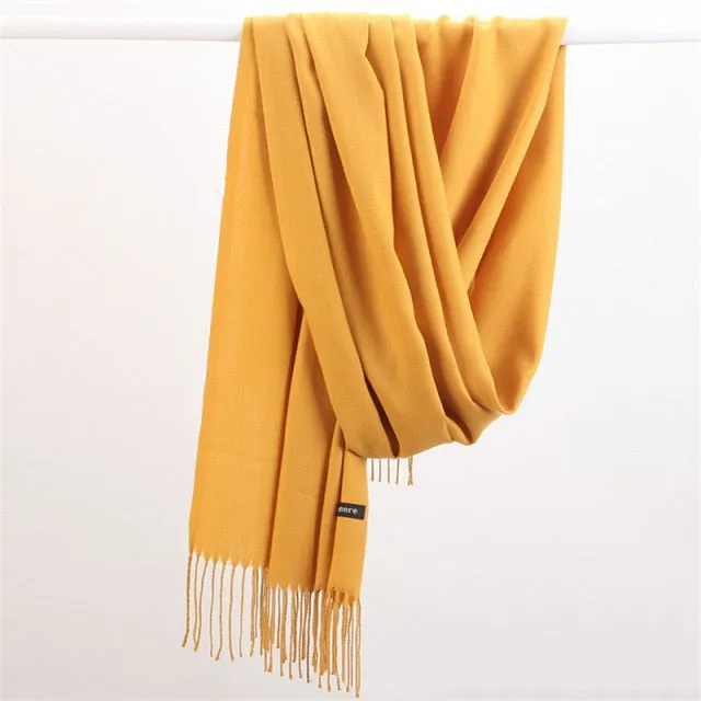 Women Cashmere Scarf Pashmina Shawl Solid Color with Tassels for Hijab