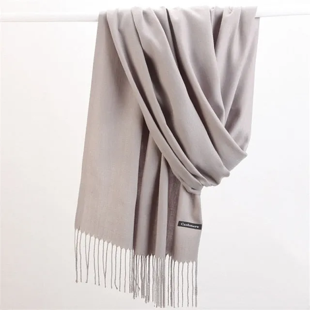 Women Cashmere Scarf Pashmina Shawl Solid Color with Tassels for Hijab