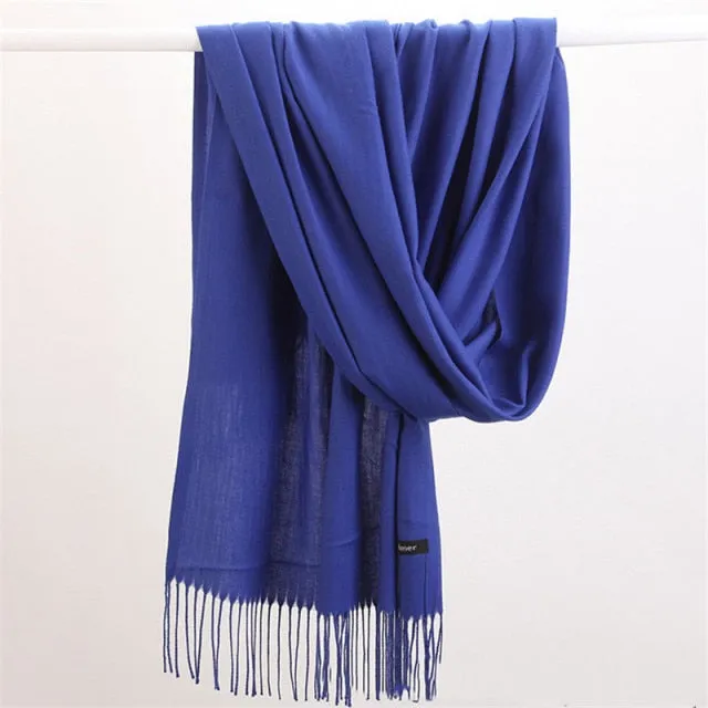 Women Cashmere Scarf Pashmina Shawl Solid Color with Tassels for Hijab