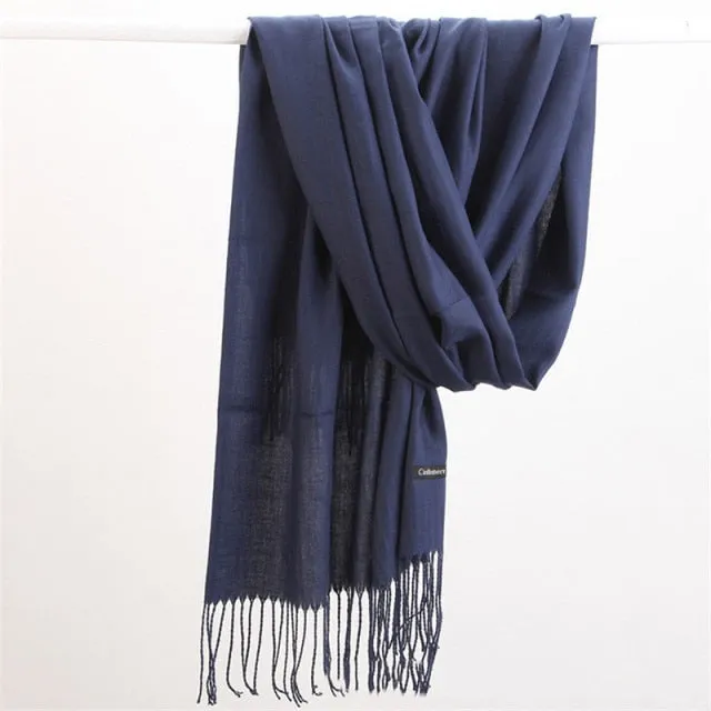 Women Cashmere Scarf Pashmina Shawl Solid Color with Tassels for Hijab