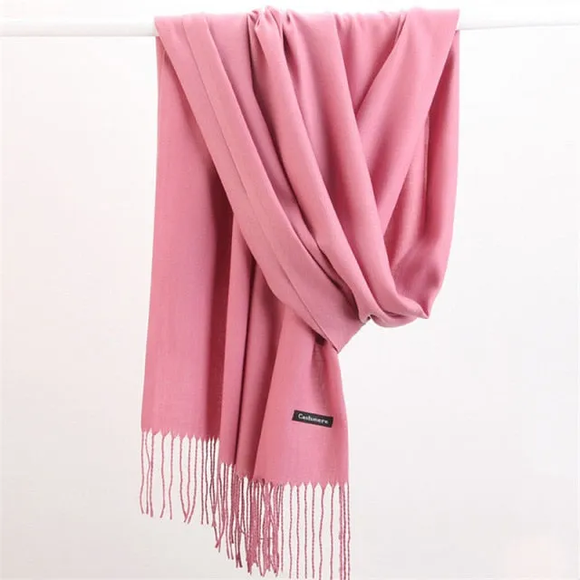 Women Cashmere Scarf Pashmina Shawl Solid Color with Tassels for Hijab