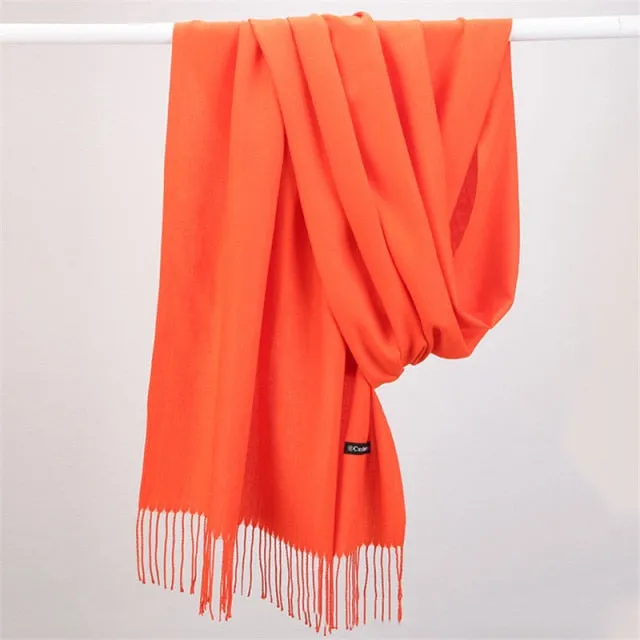 Women Cashmere Scarf Pashmina Shawl Solid Color with Tassels for Hijab