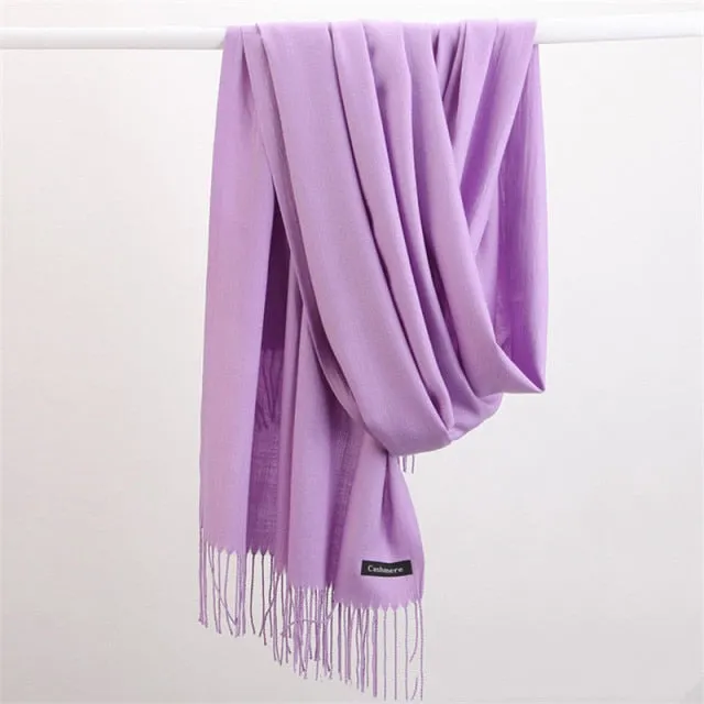 Women Cashmere Scarf Pashmina Shawl Solid Color with Tassels for Hijab