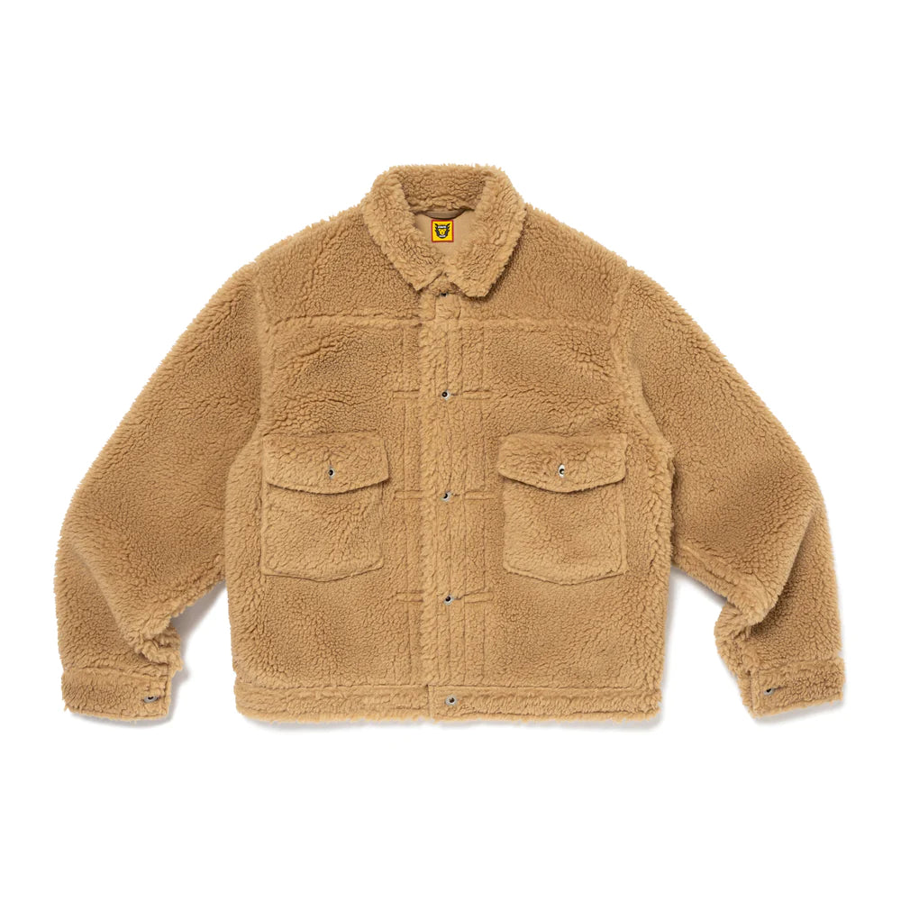 Wool Blend Boa Fleece Work Jacket - Beige